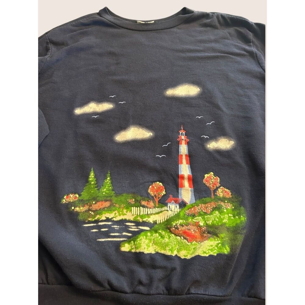 🌊 VTG LIGHTHOUSE COASTAL CANADIAN BEACH SCENE SWEATSHIRT NAVY XL